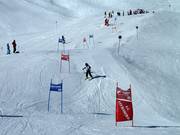 Gara di sci dei bambini della scuola di sci nel comprensorio sciistico d'alta quota