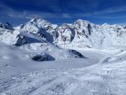 Discesa sul ghiacciaio del Morteratsch con vista sul Piz Bernina (4049 m) e sul Piz Morteratsch (3751 m)