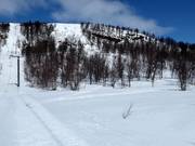 Vista sul ripido pendio di neve fresca presso gli skilift Anja