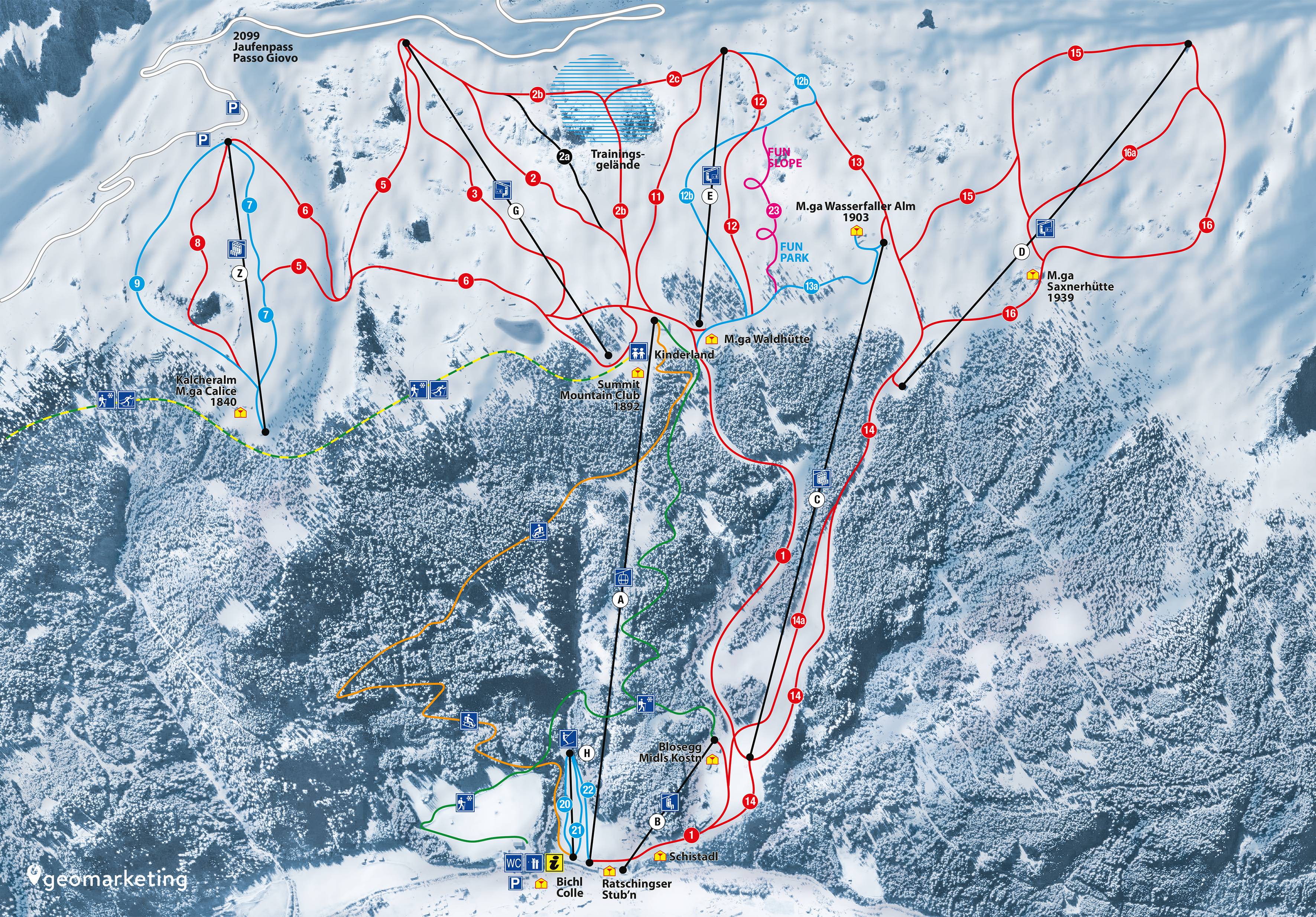 Mappa delle piste del comprensorio sciistico Racines-Giovo (Ratschings-Jaufen)/Malga Calice (Kalcheralm)