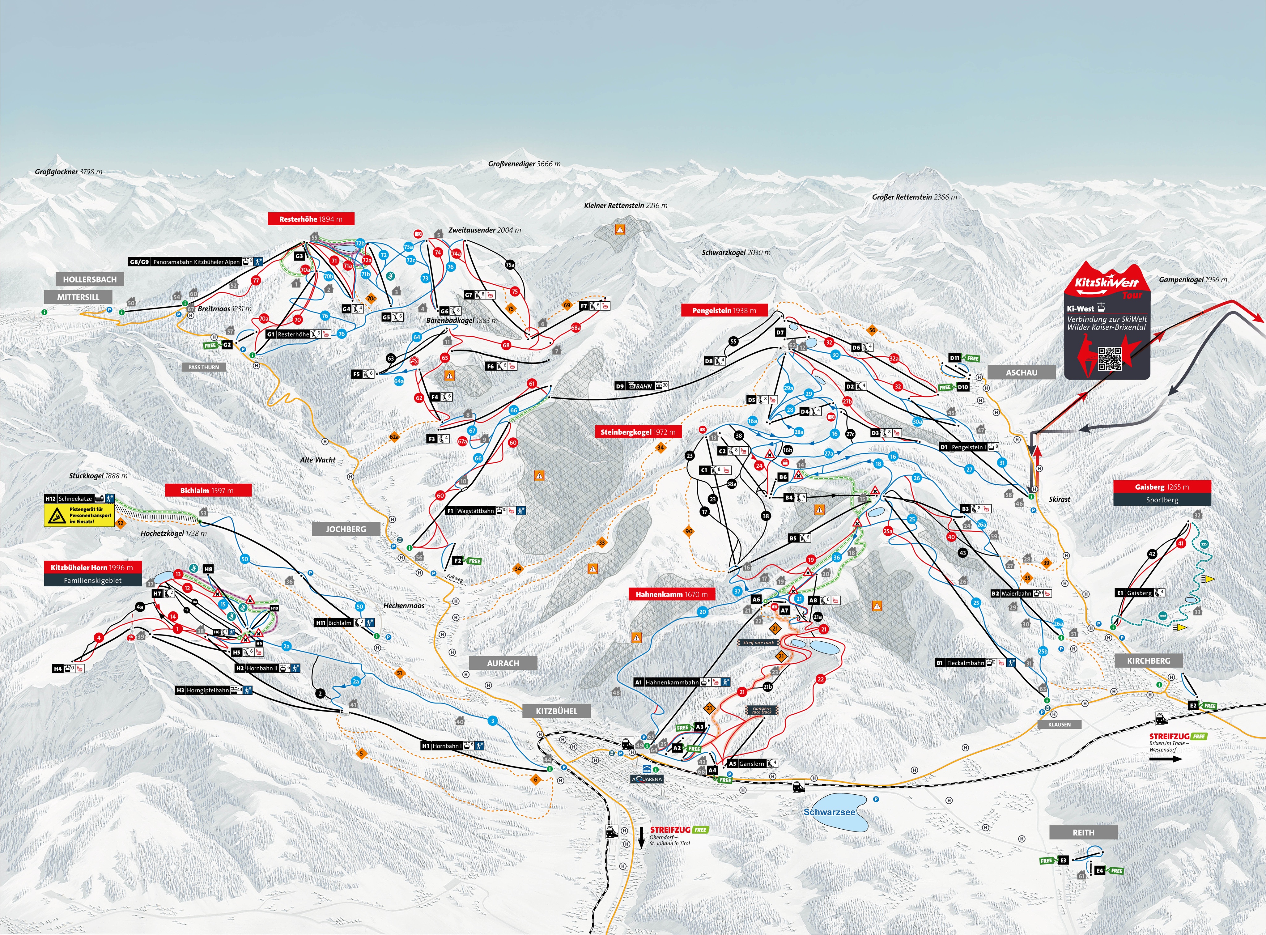 Mappa delle piste del comprensorio sciistico KitzSki - Kitzbühel/Kirchberg
