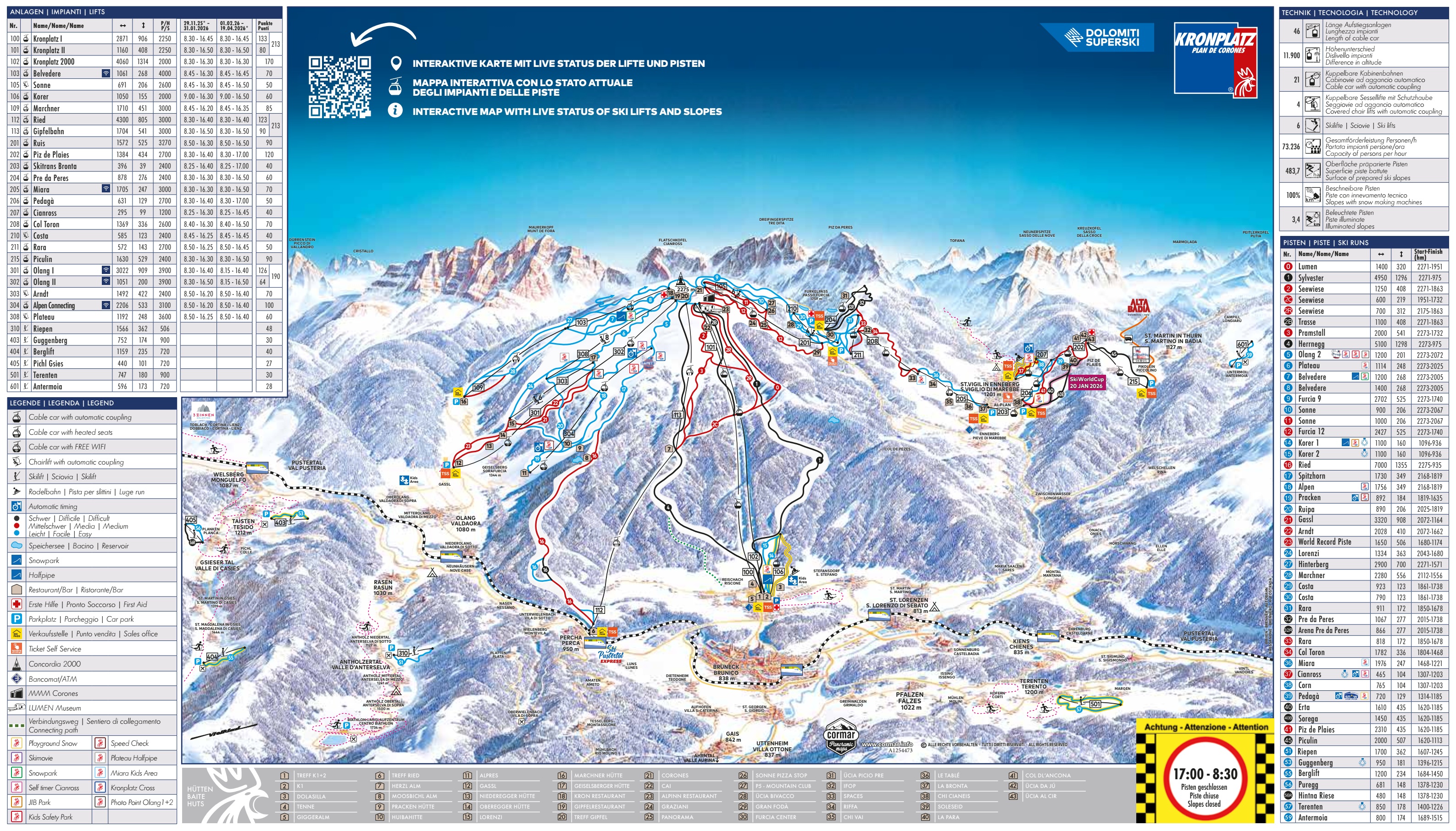 Mappa delle piste del comprensorio sciistico Plan de Corones (Kronplatz)