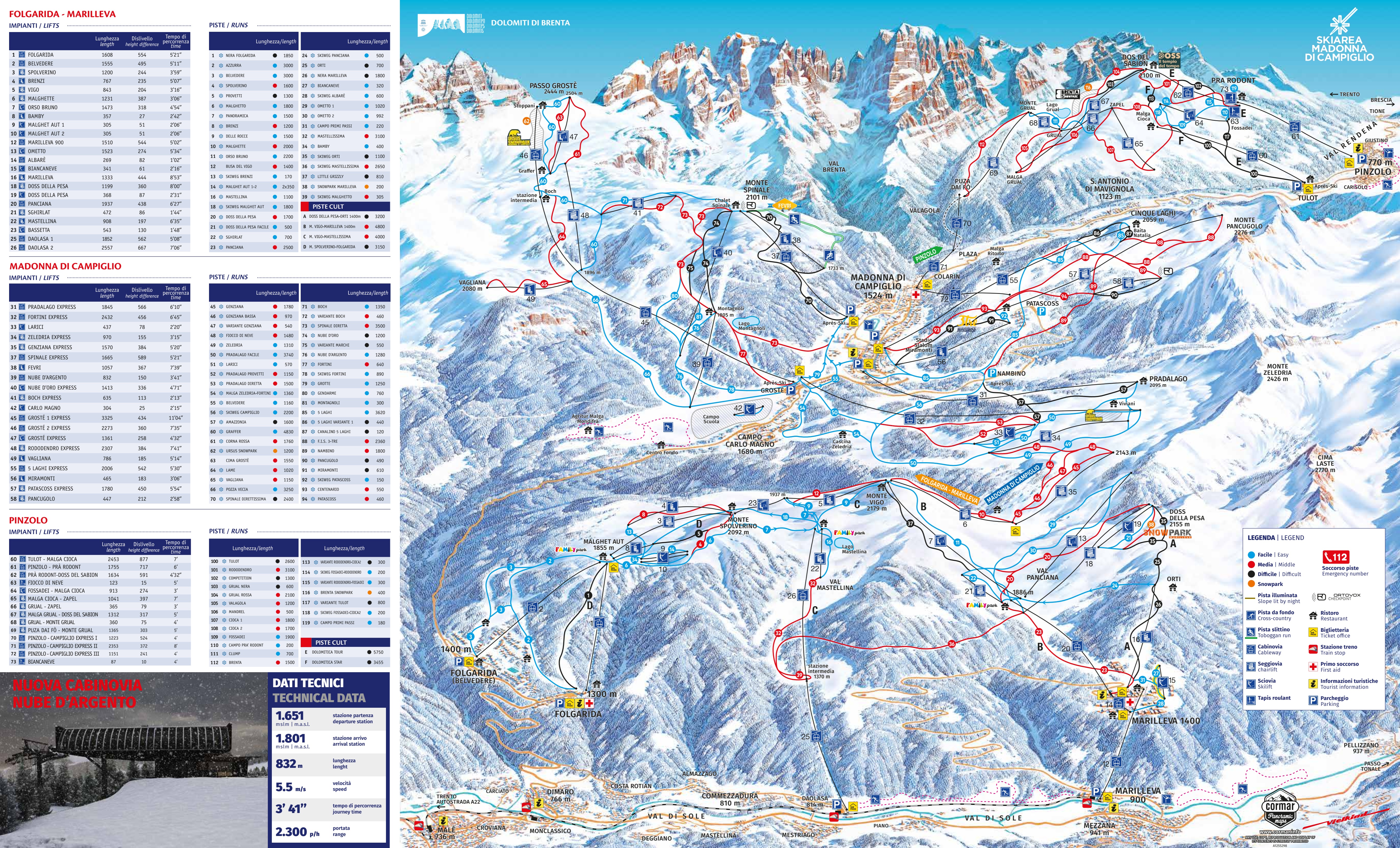 Mappa delle piste del comprensorio sciistico Madonna di Campiglio/Pinzolo/Folgàrida/Marilleva